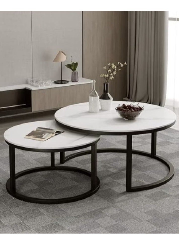 إكسبرت طقم طاولات قهوة دائرية متداخلة بيضاء لتخزين الوجبات الخفيفة والشاي، مجموعة من طاولتين جانبيتين لغرفة المعيشة، مجموعة من قطعتين - Image 5